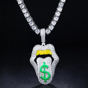 Colgante de Labios Plateado con Incrustaciones de Diamantes de Imitación, Símbolo de Dólar Verde, Estilo Hiphop, Amuleto para Hombre, Regalo - Product Image 1