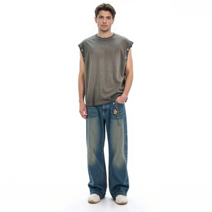 Camiseta sin mangas vintage de estilo urbano para hombre, top corto y holgado de algodón pesado de 270 g, chaleco desgastado lavado, camiseta sin mangas para hombre - Product Image 1