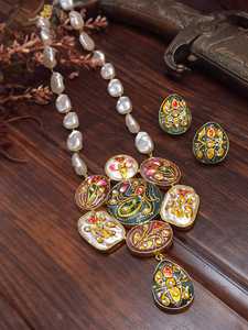 Vintage Ethnic Flower Pattern Bezel Setting Necklace Earring Set Imitation Pearl Rhodium Plated Zinc Alloy Jewelry for Women - Product Image 2