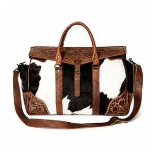 Western Hair-On Cowhide Leather Travel Duffel <b>Bag</b> Hand Tooled Genuine Leather Weekender <b>Overnight</b> Luggage <b>Bag</b> for Men and Women - Product Image 1