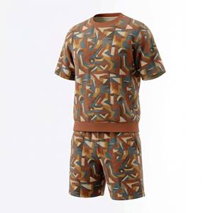 Ensemble court en molleton épais pour homme, col rond, deux pièces, respirant, tons terreux, idéal pour l'été - Product Image 1