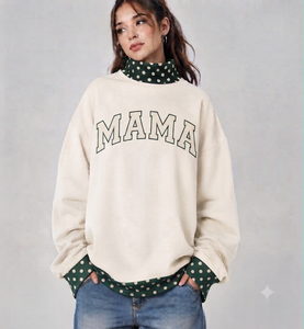 High Quality Fleece Layered Pullover Custom Varsity Applique Mama Letter Print Women Sweatshirt Contrast Polka Dot Trim <b>Tops</b> - Product Image 6