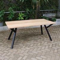 Table à manger rectangulaire en teck recyclé avec plateau en bois et pieds en aluminium, design moderne et minimaliste, finition bien poncée, pour l'extérieur et les hôtels