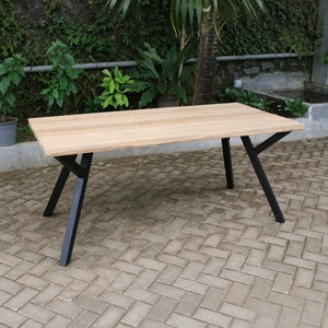 <b>Rectangular</b> Dining Table Recycled Teak Wood Top Metal Legs Modern Minimalist Design Outdoor Courtyard Furniture 6 Seat Capacity - Product Image 1