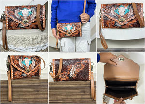 Best Selling Hand Tooled Leather Skull & Floral Design Rfid Clutch Bag Premium Cow Leather Crossbody Fringe Minibag For Women - Product Image 3