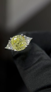 4 Ct Square <b>Cushion</b> Fancy Vivid Yellow Lab Grown Diamond 14K Gold Engagement Ring Triangle Side Stones Floral Basket Design for - Product Image 5