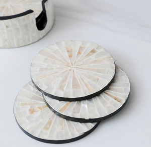 Handcrafted Round Mother of Pearl Inlay Coaster Set with <b>Matching</b> Storage <b>Box</b> Elegant Shell Drink Coasters for Coffee Table - Product Image 3