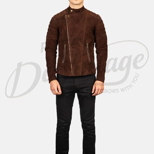 Premium Men Brown <b>Suede</b> Leather Biker <b>Jacket</b> Asymmetric Zip Quilted Shoulder Slim Fit Moto <b>Jacket</b> Casual Outerwear Coat - Product Image 4
