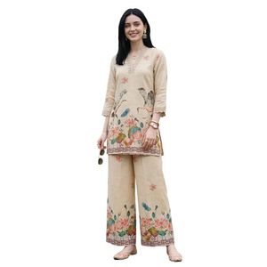 Women's Bohemian Floral Embroidered Kurta Palazzo <b>Set</b> Three Quarter Sleeve V-neck Loose Fit Cotton Spring Summer Wear - Product Image 1