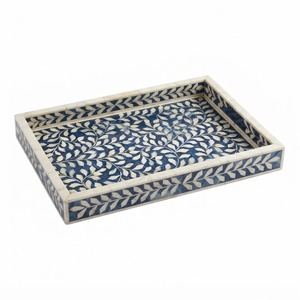 Vintage Blue & <b>White</b> Floral Bone Inlay <b>Tray</b> Luxury 5-Sided Pentagonal Decorative Serving <b>Tray</b> For Coffee Table Vanity And Hotel - Product Image 2