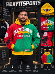 เสื้อฮู้ดสตรีทแวร์ผู้ชาย REXFITSPORTS 2026 แบบซิป สีบล็อก แดง เขียว เหลือง พิมพ์ลายกราฟิก ผ้าฟลีซสั่งทำพิเศษ - Product Image 1