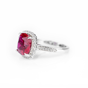 Women's 925 Sterling Silver Ruby <b>Cushion</b> Cut Halo Cocktail Ring Rhodium Plated Luxury <b>Statement</b> Fine Jewelry - Product Image 3