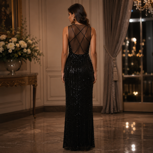 Women Black <b>Sequin</b> Maxi Dress V Neck Sleeveless Ruched Bodycon Evening Gown Elegant Sparkle Formal Wedding Party Prom Cocktail - Product Image 2