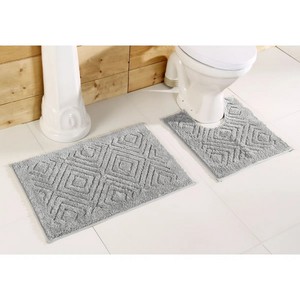 Modern Geometric Pattern Cotton Bath <b>Mat</b> <b>Set</b> 2-Piece Rectangle Non-Slip Rubber Backing Tufted Gray <b>Bathroom</b> Rug for Home Use - Product Image 4
