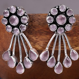 Oxidized Brass Antique Silver Plated Bezel Setting Trendy Pear Cut Quartz Pink Stone Butterfly Drop <b>Earrings</b> Women's Jewelry - Product Image 5