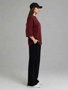 Women Solid Maroon Three Quarter Sleeve <b>Top</b> <b>And</b> <b>Black</b> Wide Leg Pants Two Piece Casual <b>Set</b> - Product Image 4