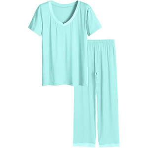 Ensemble pyjama haut à manches courtes et pantalon long : vêtements de nuit d'été en satin respirant de haute qualité - Product Image 5