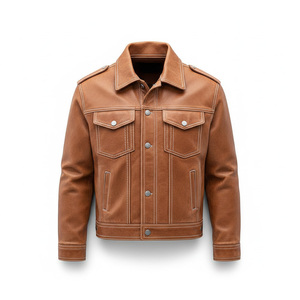 Men Vintage Tan Leather Jacket Western Style Denim Cut Real Leather <b>Coat</b> Custom Manufacturer - Product Image 1