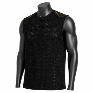 Wholesale <b>Men's</b> <b>Black</b> Knitted Sleeveless Tank Top Crew Neck Hollow Out Dot Pattern Breathable Casual Wear - Product Image 6