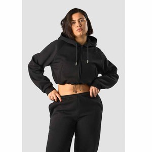 Conjunto de Sudadera con Capucha de Forro Polar de 2 Piezas para Mujer, Manga Larga, Top Corto, Color Negro Sólido, Corte Holgado Informal, para Todas las Temporadas, Ropa Deportiva - Product Image 4