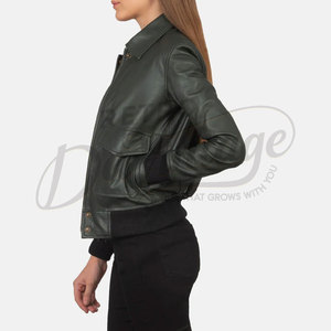 Premium Women Dark Green Real <b>Leather</b> Bomber <b>Jacket</b> Classic Shirt Collar Slim Fit Soft Sheepskin Casual Flight Coat - Product Image 2