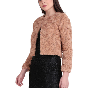 Chaqueta de Mujer de Piel Sintética, Color Sólido, Corta, Manga Larga, Cálida para Invierno, Estilo Elegante, con Cuello de Cremallera Sherpa - Product Image 2