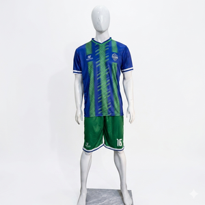 Maillot de football personnalisé sublimé pour homme, bleu et vert rayé, col en V, manches courtes, anti-humidité, coupe athlétique, uniforme adulte - Product Image 3