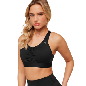 Sujetador Deportivo con Logotipo Personalizado para Mujer, con Frente Fruncido, Nailon y Elastano, Secado Rápido, Top de Yoga Acolchado, Ropa Deportiva para Gimnasio, Color Negro Sólido - Product Image 5