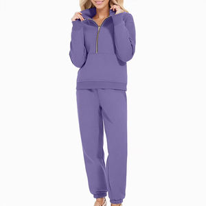 Conjunto de Sudadera con Media Cremallera y Pantalones Deportivos para Mujer, Color Morado Sólido, Tejido de Punto, Mezcla de Algodón, Manga Larga, Ropa Casual de Otoño - Product Image 1