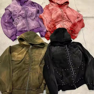 เสื้อฮู้ดดี้ทรงโอเวอร์ไซส์แบบซิป แต่งหมุด ลุควินเทจฟอกสีซีดสไตล์ดิสเทรส ผ้าคอตตอนเทอร์รี่ 100% กำลังฮิต - Product Image 4