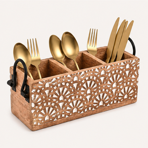 Porte-couverts artisanal en bois de manguier à 3 compartiments avec poignées en fer, support rustique en bois pour ustensiles de cuisine et de table - Product Image 2