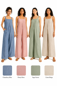 Women <b>Linen</b> Jumpsuit Casual Overalls Wide Leg <b>Rompers</b> Smocked Back Square Neck Strapped Loose Elegant Wholesale Dungarees - Product Image 3