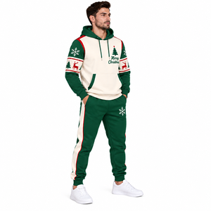 Custom Logo <b>Men</b> Christmas Tracksuit Fleece Hooded Pullover Jogger Set Solid Colour Custom <b>Men's</b> Winter Holiday <b>Sweat</b> <b>suit</b> - Product Image 3