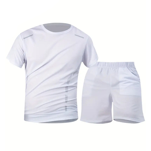 <b>White</b> Color 2 Pcs Outdoor Running Fitness With Pocket Summer Short Sleeve <b>Compression</b> T-<b>Shirt</b> Shorts Set - Product Image 1