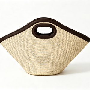 Customized Cut‑out handle <b>straw</b> tote <b>bag</b>, trapezoidal woven <b>straw</b> handbag, faux leather trim <b>straw</b> shopper - Product Image 3