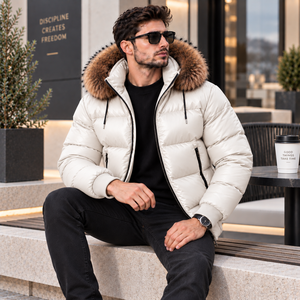 Veste d'été en cuir respirante pour homme avec capuche en fourrure, motif à carreaux, décontractée, grande taille - Product Image 1