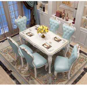 European Style <b>6</b> Piece <b>Dining</b> <b>Room</b> Set White Wood Table With Pink Upholstered <b>Chairs</b> Antique Carved Design - Product Image 2
