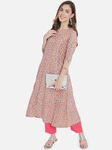 Ensemble Kurti en coton pour femme, imprimé à la main, manches trois quarts, coupe ample, longueur cheville, robe ethnique vintage, tenue décontractée - Product Image 4