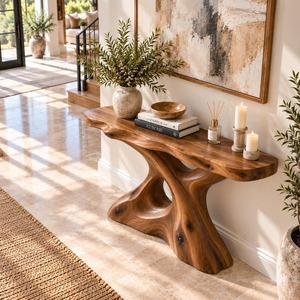 Console moderne rustique en bois massif, design à base croisée fait main, pour entrée et salon - Product Image 3