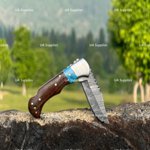 Damascus Steel Drop Point Camping Knife With Wood Handle And Turquoise Inlay Folding Pocket Knife EDC Outdoor <b>Tool</b> - Product Image 6