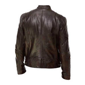 Chaqueta de Motociclista de Cuero Genuino Marrón para Hombre, Cuello Alto, Cierre de Cremallera, Corte Ajustado, Manga Regular, para Otoño - Product Image 2
