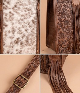 Sac fourre-tout décontracté en cuir véritable avec imprimé animalier, motif floral gaufré et pompon, avec bandoulière pour femme - Product Image 3