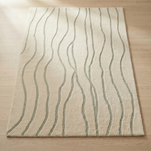 Modern Curved Geometric Wool Non-Slip Area Rug with Latex Backing Soft Flooring Neutral Beige Green Indoor Home Decor - Product Image 1