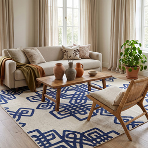 Tapis décoratif en laine bleu marine et ivoire, à nœuds, antidérapant, écologique, tufté à la main, pour chambre, salle de bain, hôtel et salon - Product Image 3