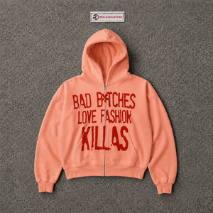 Sweat-shirt à capuche rose pêche surdimensionné avec fermeture éclair, imprimé graphique rouge, streetwear unisexe, fermeture éclair intégrale, pour hommes et femmes - Product Image 5