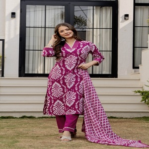 Indian Ethnic Wear <b>Women</b> Pink <b>Kurta</b> Pant Dupatta Set | Soft Cotton Printed Designer Suit - Product Image 1