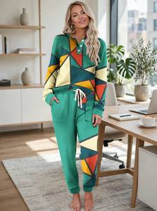 Women Geometric <b>Print</b> Hoodie Jogger <b>Set</b> Casual V Neck Button Long Sleeve Tracksuit 2 Piece Outfit - Product Image 6