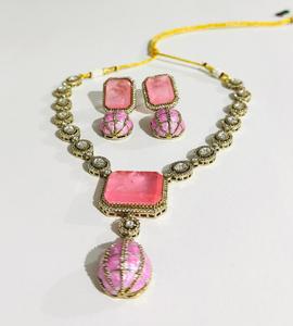 Conjunto de collar de varias capas con piedras rosas Polki y pendientes a juego, chapado en oro, joyería de moda nupcial india para mujer - Product Image 2