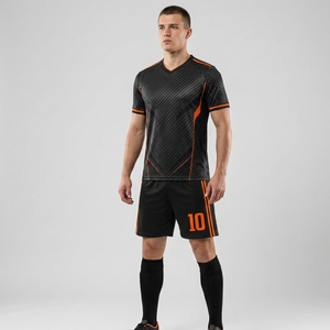 professional OEM Black Soccer Uniform Set Orange Trim Textured Sublimated Football Jersey & shorts - Product Image 4