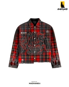 Custom <b>Rhinestone</b> Plaid Flannel Shirt | Distressed Blue Streetwear <b>Jacket</b> | OEM Luxury Western Style Apparel Manufacturer - Product Image 3